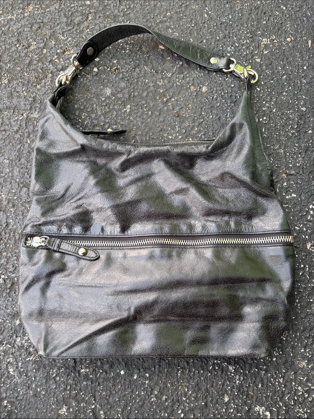 HOBO Black Leather Hobo Shoulder Bag with Front Zip